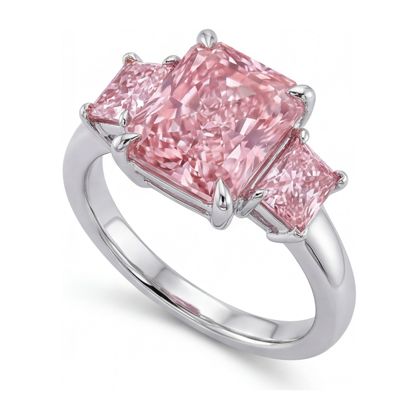 5.5 Carat Radiant Pink Lab Grown Diamond and White Diamond Three Stone Ring 14K White Gold