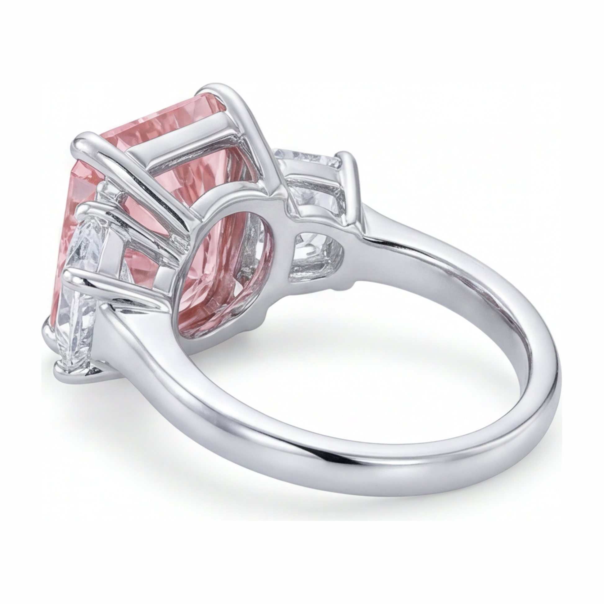 5.5 Carat Radiant Pink Lab Grown Diamond and White Diamond Three Stone Ring 14K White Gold