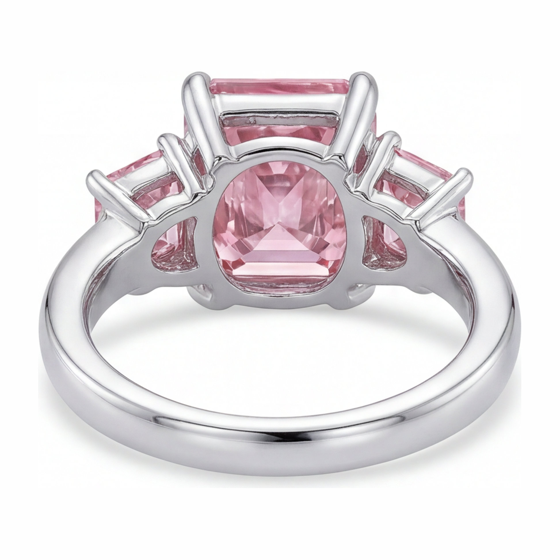 5.5 Carat Radiant Pink Lab Grown Diamond and White Diamond Three Stone Ring 14K White Gold