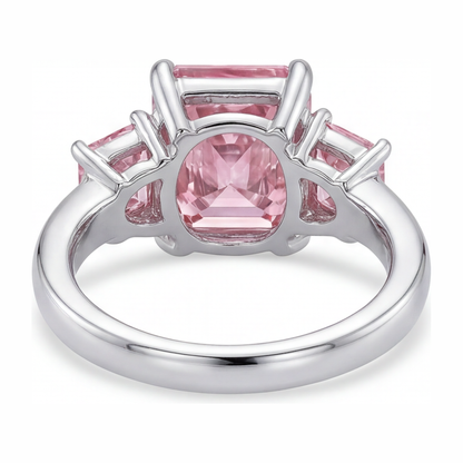 5.5 Carat Radiant Pink Lab Grown Diamond and White Diamond Three Stone Ring 14K White Gold