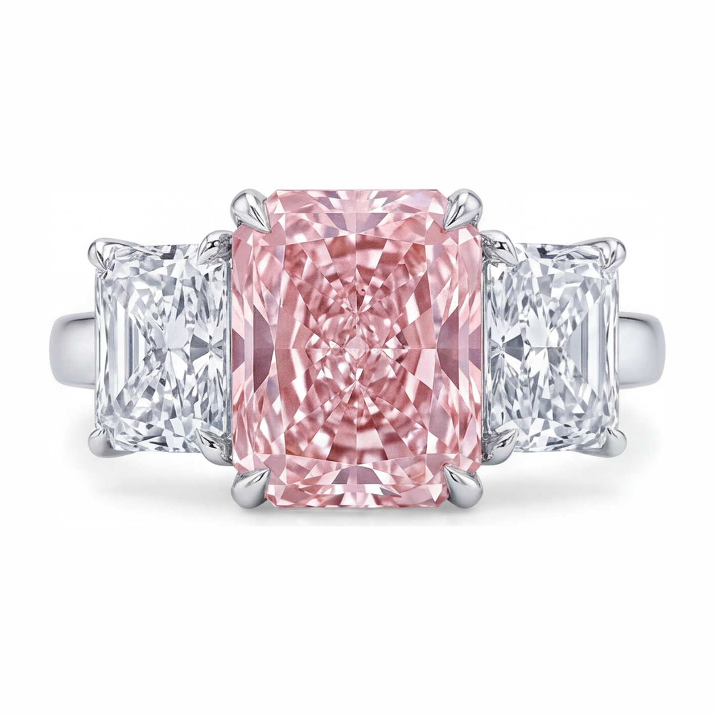 5.5 Carat Radiant Pink Lab Grown Diamond and White Diamond Three Stone Ring 14K White Gold