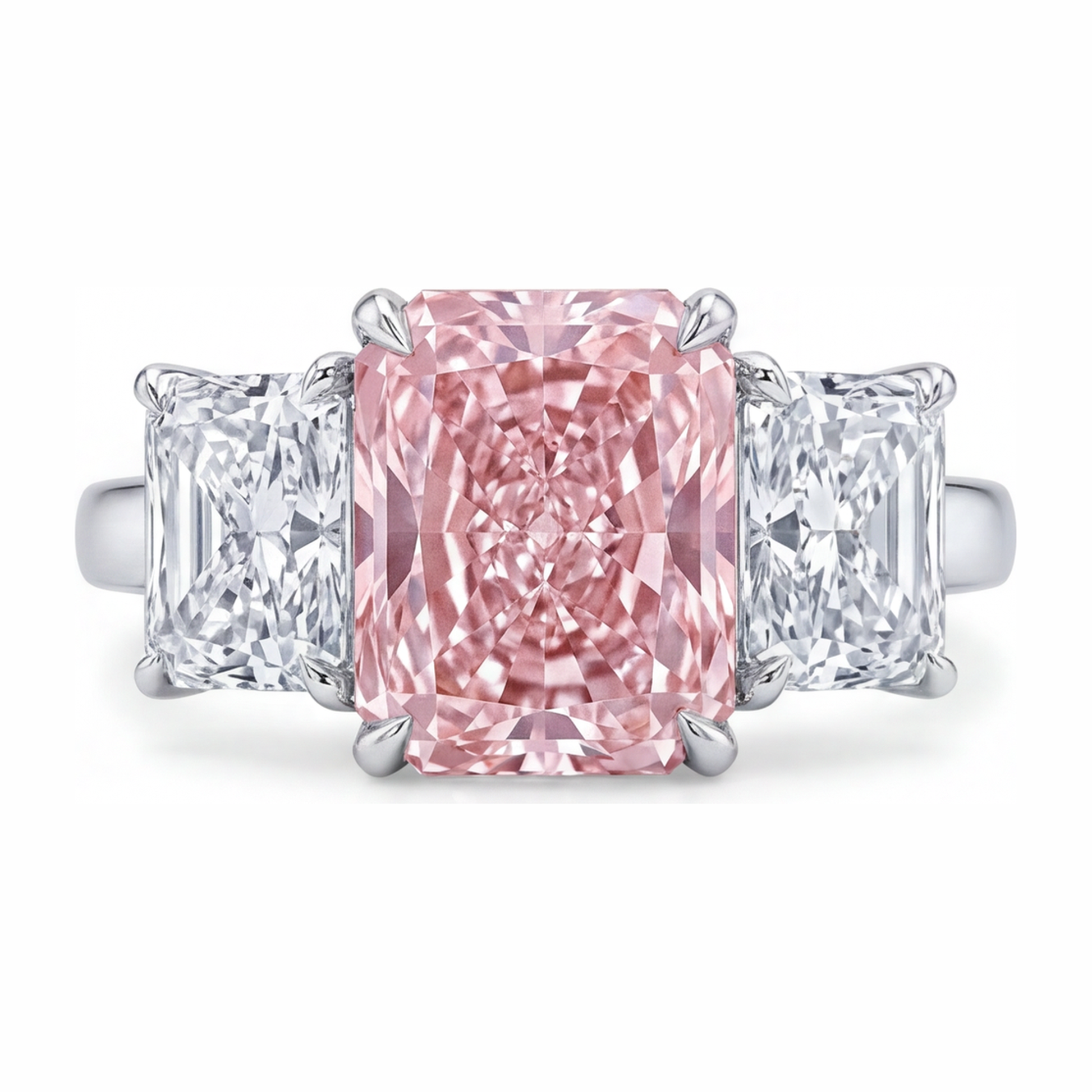 5.5 Carat Radiant Pink Lab Grown Diamond and White Diamond Three Stone Ring 14K White Gold