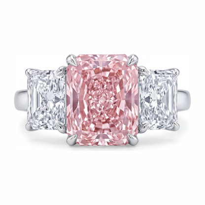 5.5 Carat Radiant Pink Lab Grown Diamond and White Diamond Three Stone Ring 14K White Gold