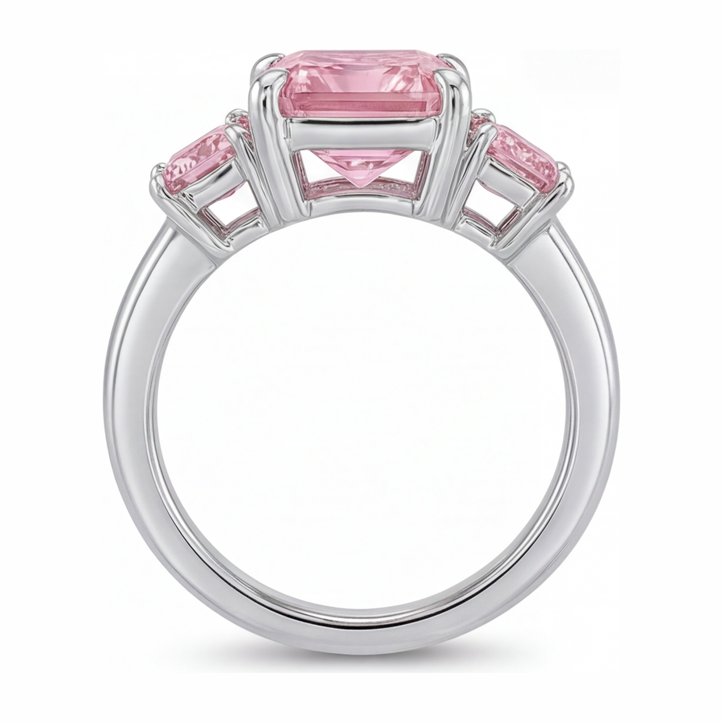 5.5 Carat Radiant Pink Lab Grown Diamond and White Diamond Three Stone Ring 14K White Gold