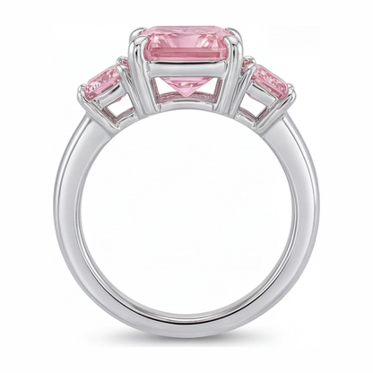 5.5 Carat Radiant Pink Lab Grown Diamond and White Diamond Three Stone Ring 14K White Gold