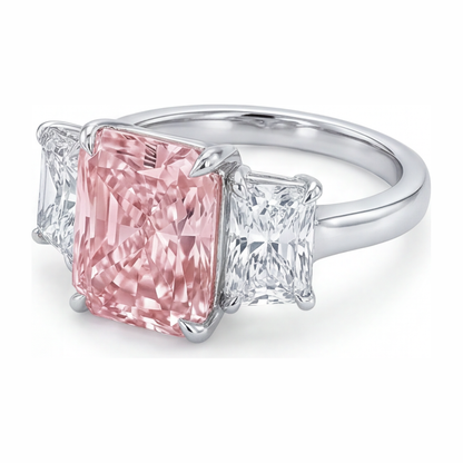 5.5 Carat Radiant Pink Lab Grown Diamond and White Diamond Three Stone Ring 14K White Gold