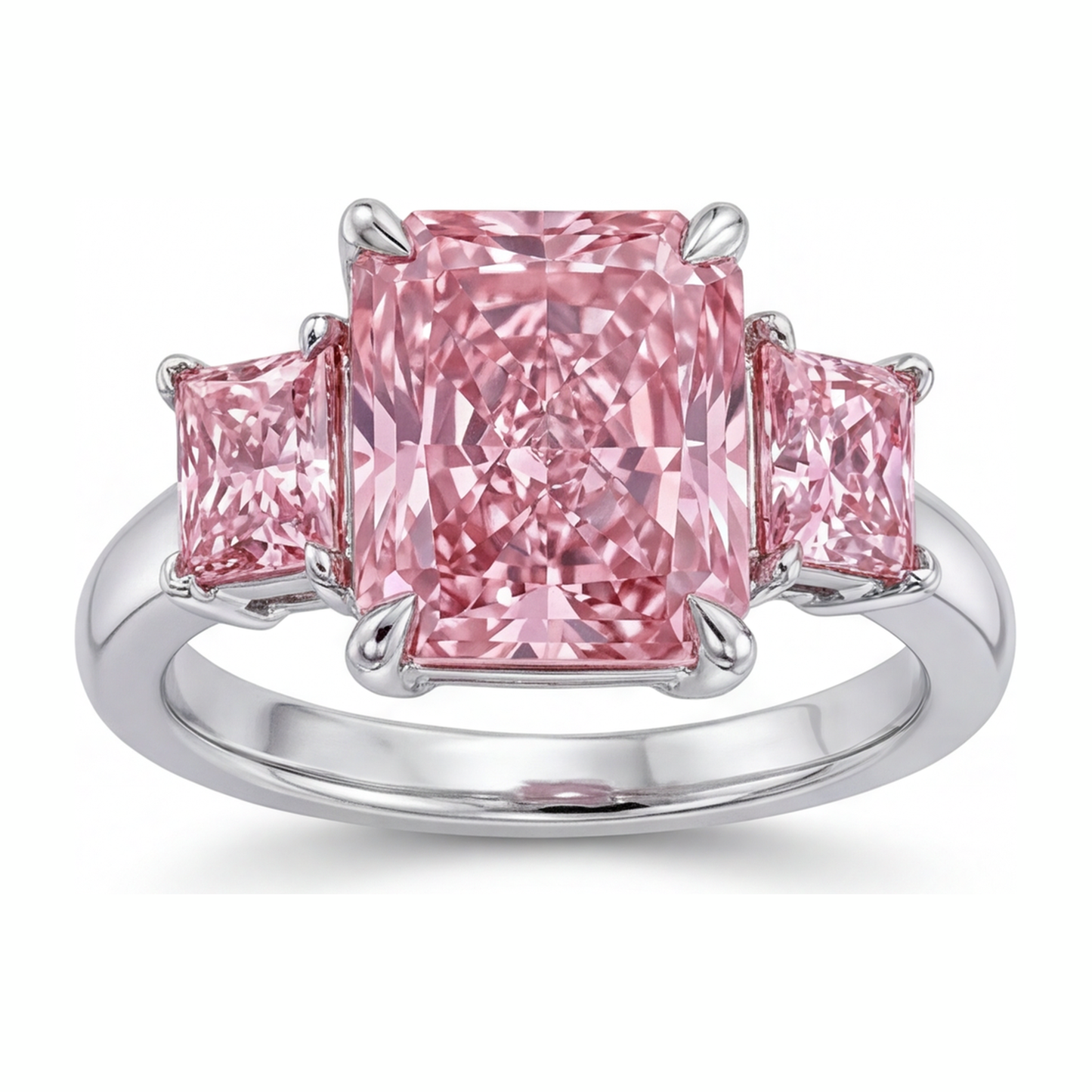 5.5 Carat Radiant Pink Lab Grown Diamond and White Diamond Three Stone Ring 14K White Gold