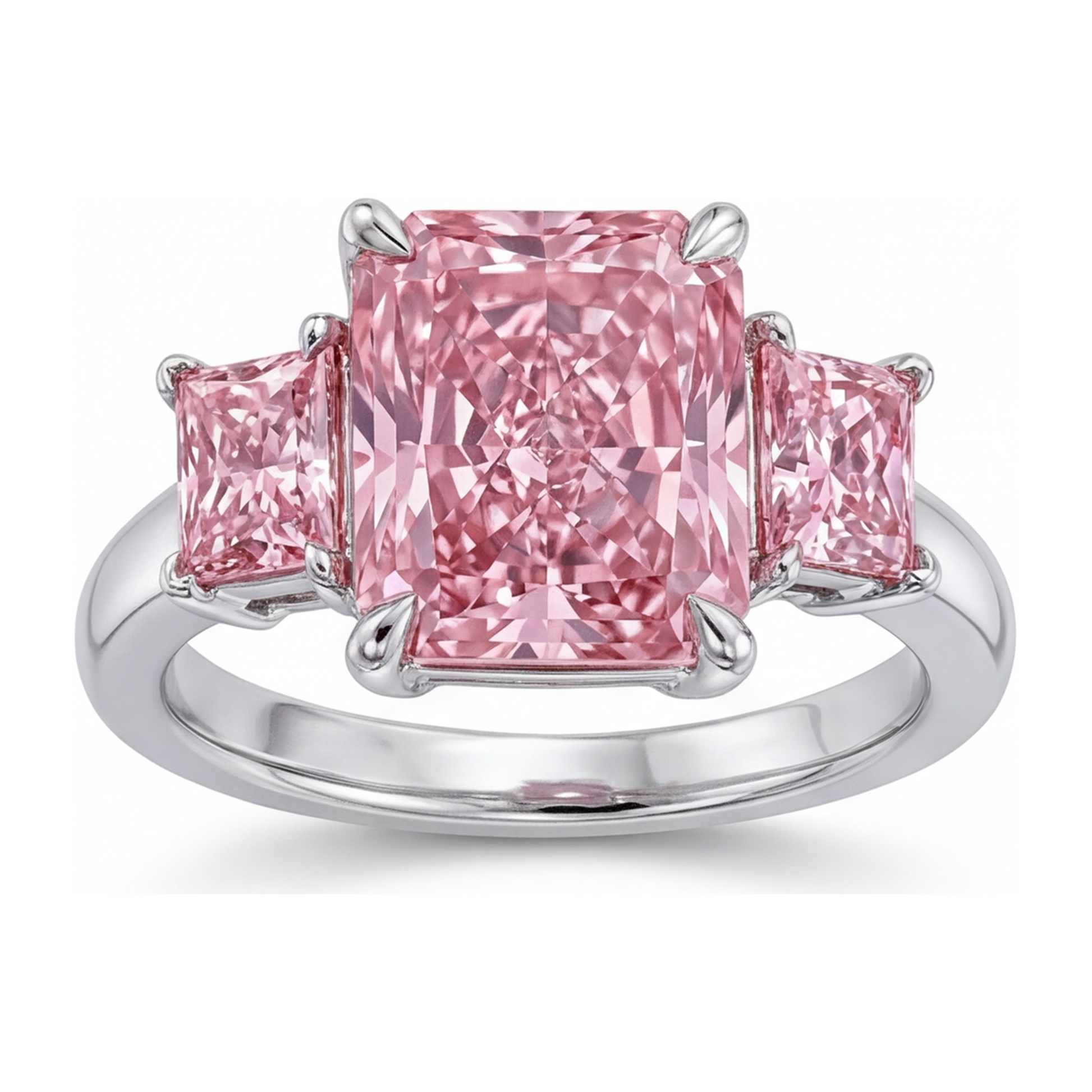 5.5 Carat Radiant Pink Lab Grown Diamond and White Diamond Three Stone Ring 14K White Gold