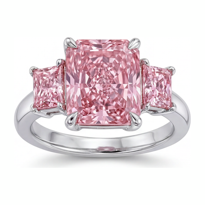 5.5 Carat Radiant Pink Lab Grown Diamond and White Diamond Three Stone Ring 14K White Gold