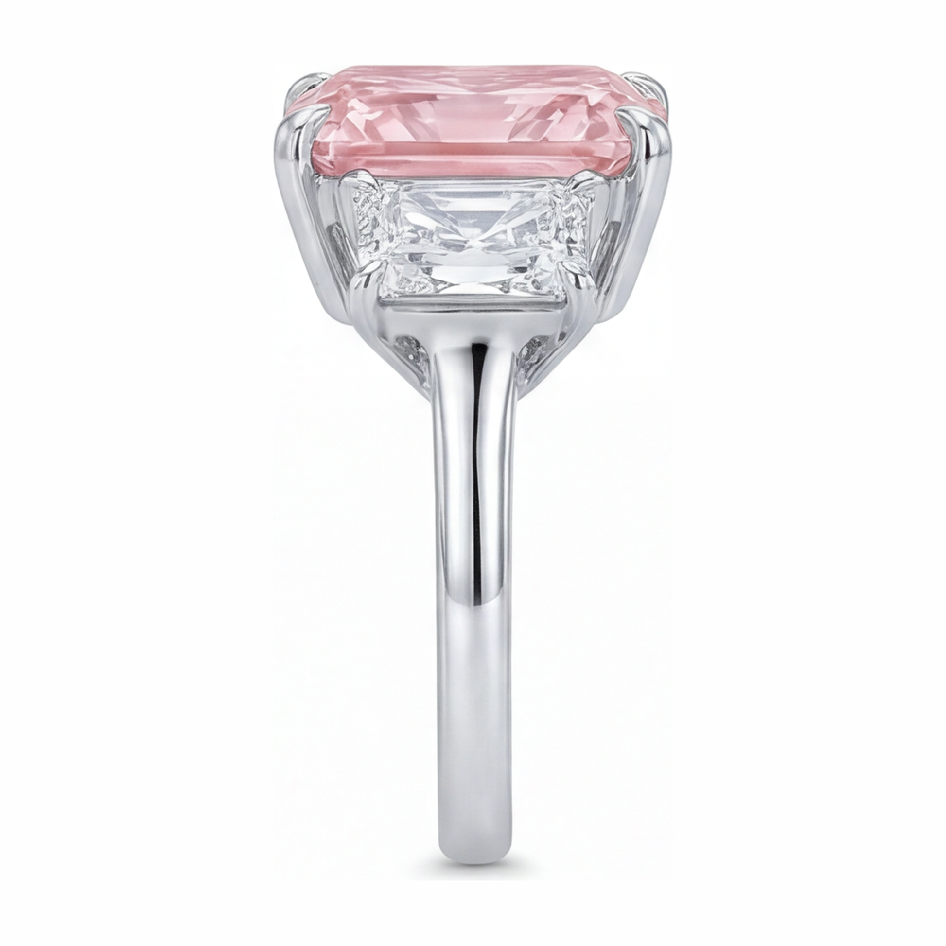 5.5 Carat Radiant Pink Lab Grown Diamond and White Diamond Three Stone Ring 14K White Gold