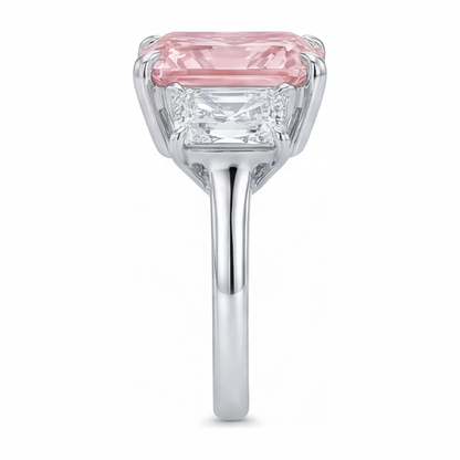 5.5 Carat Radiant Pink Lab Grown Diamond and White Diamond Three Stone Ring 14K White Gold