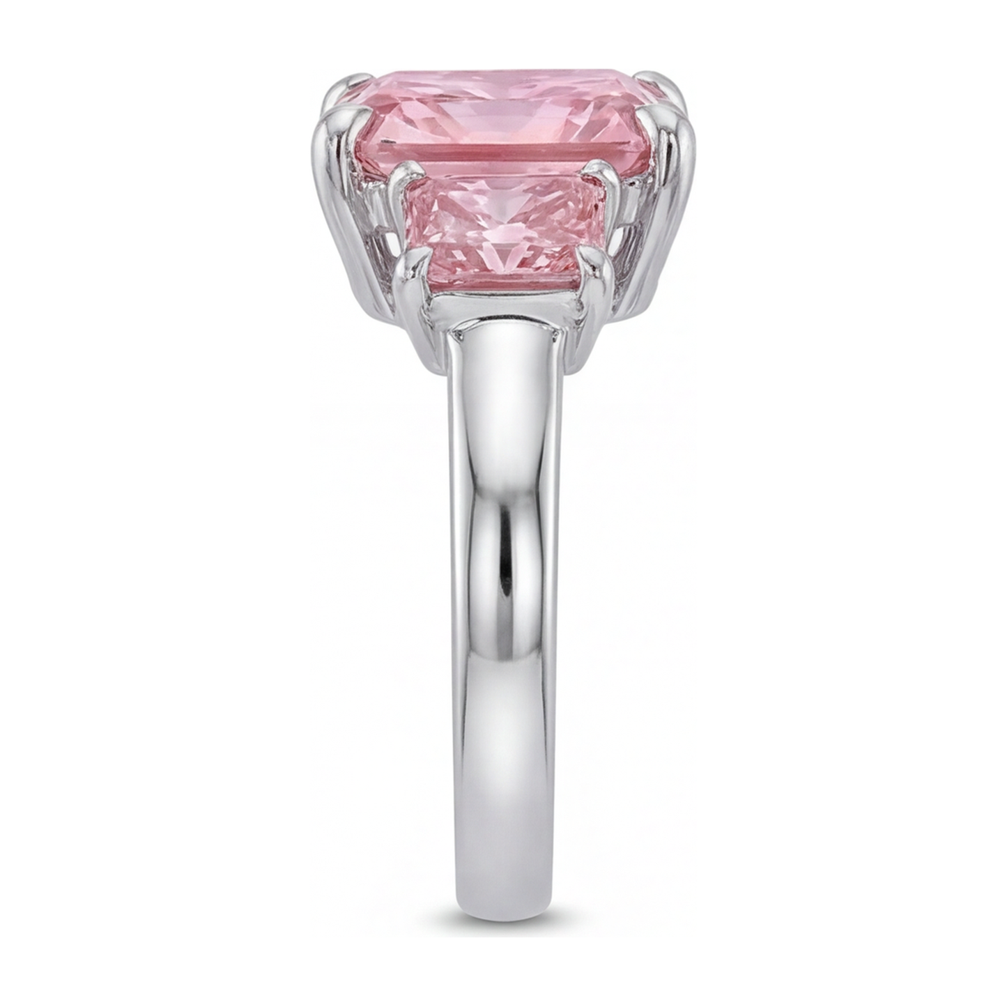 5.5 Carat Radiant Pink Lab Grown Diamond and White Diamond Three Stone Ring 14K White Gold