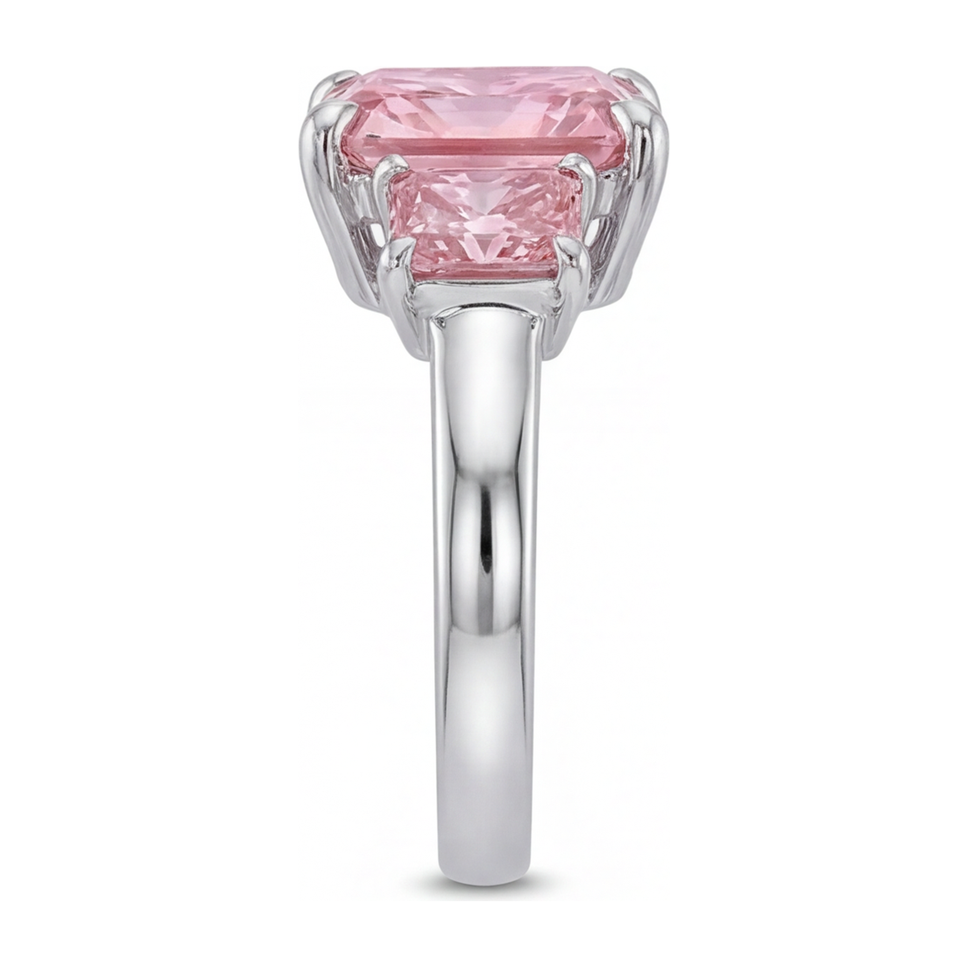 5.5 Carat Radiant Pink Lab Grown Diamond and White Diamond Three Stone Ring 14K White Gold