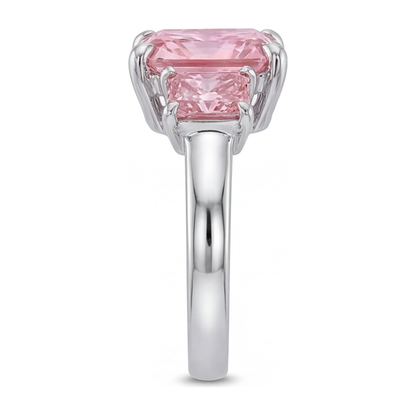 5.5 Carat Radiant Pink Lab Grown Diamond and White Diamond Three Stone Ring 14K White Gold