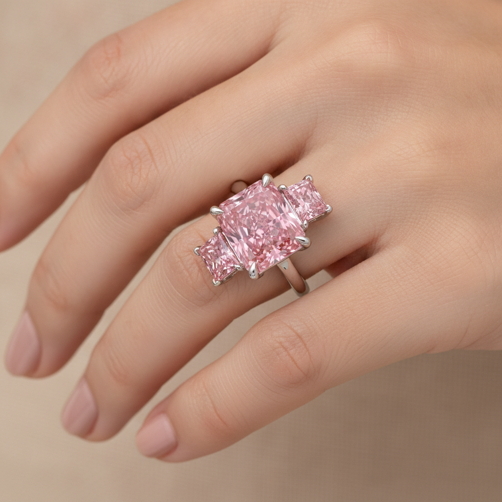 5.5 Carat Radiant Pink Lab Grown Diamond and White Diamond Three Stone Ring 14K White Gold worn
