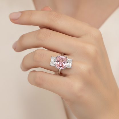 5.5 Carat Radiant Pink Lab Grown Diamond and White Diamond Three Stone Ring 14K White Gold worn