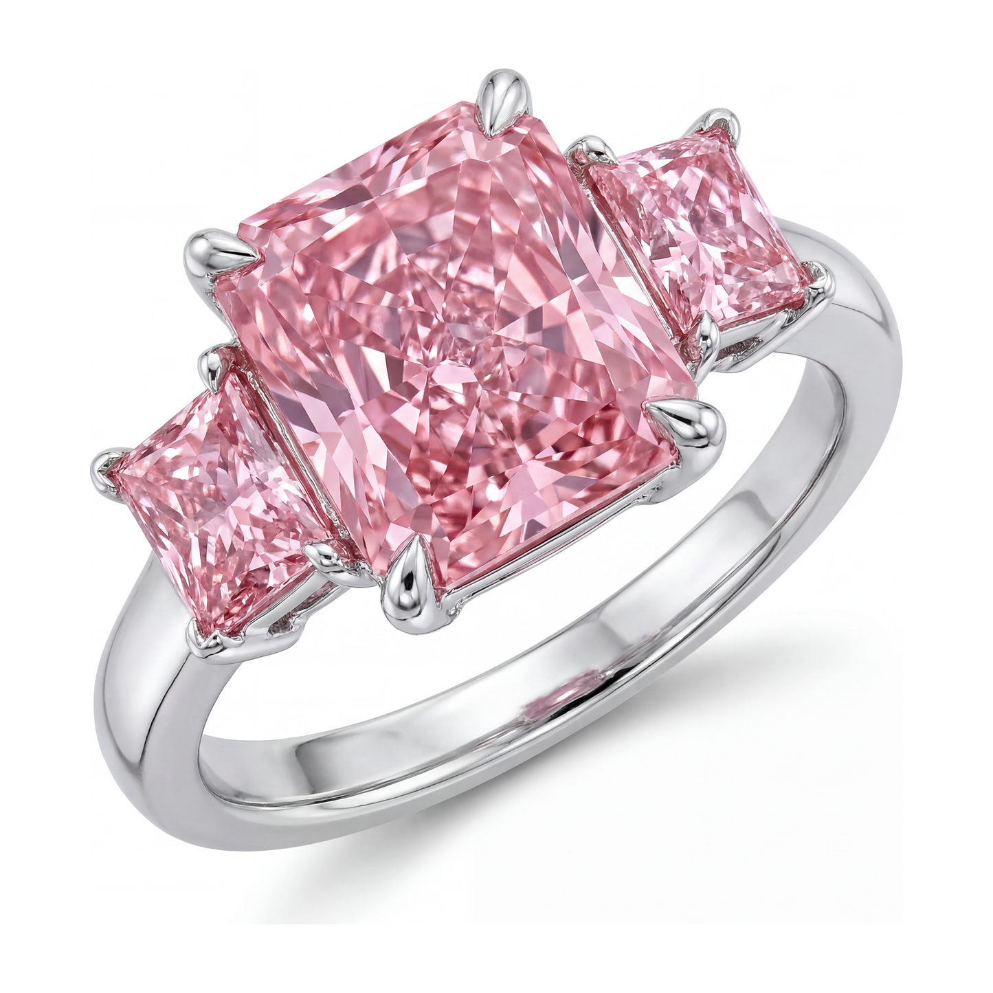 5.5 Carat Radiant Pink Lab Grown Diamond and White Diamond Three Stone Ring 14K White Gold