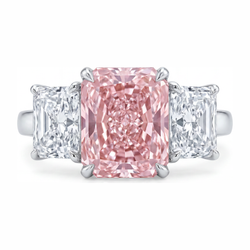 5.5 Carat Radiant Pink Lab Grown Diamond and White Diamond Three Stone Ring 14K White Gold