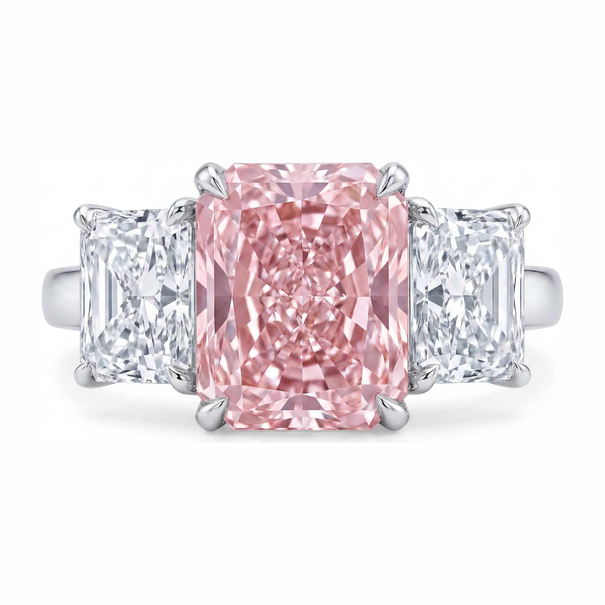 5.5 Carat Radiant Pink Lab Grown Diamond and White Diamond Three Stone Ring 14K White Gold