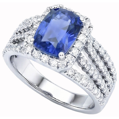 5.50 Carats Cushion & Round Ceylon Sapphire with Natural Earth Mined Diamonds Ring WG 14K