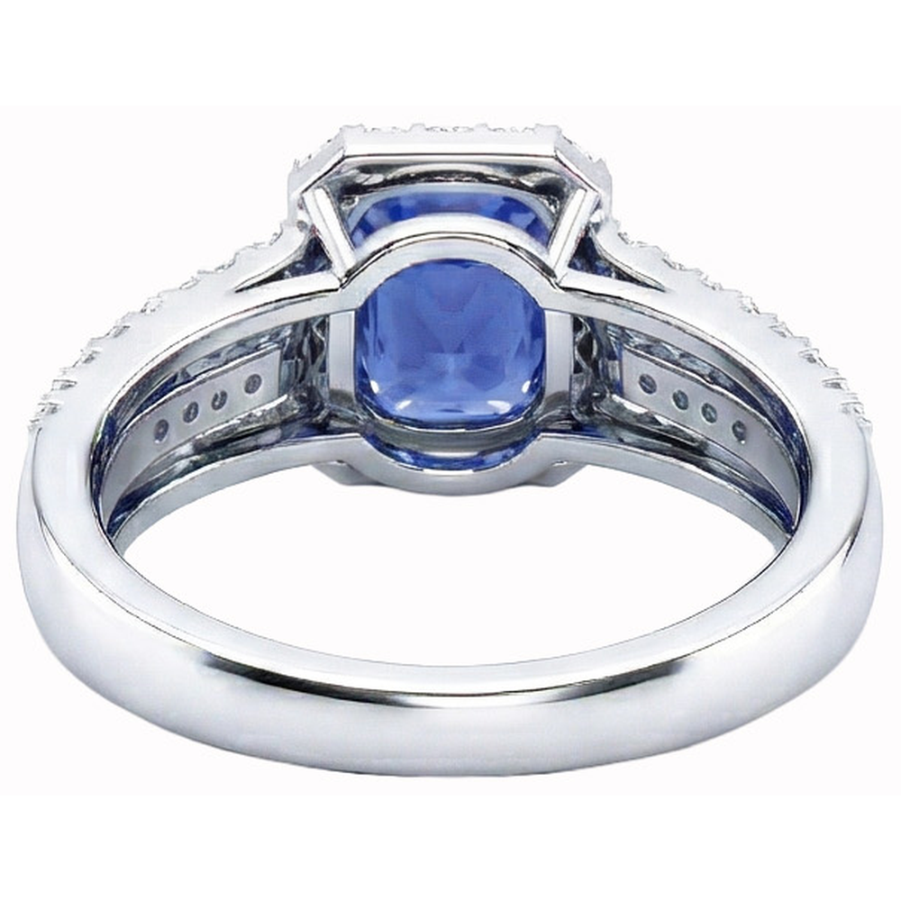 5.50 Carats Cushion & Round Ceylon Sapphire with Natural Earth Mined Diamonds Ring WG 14K
