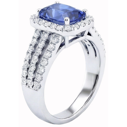 5.50 Carats Cushion & Round Ceylon Sapphire with Natural Earth Mined Diamonds Ring WG 14K