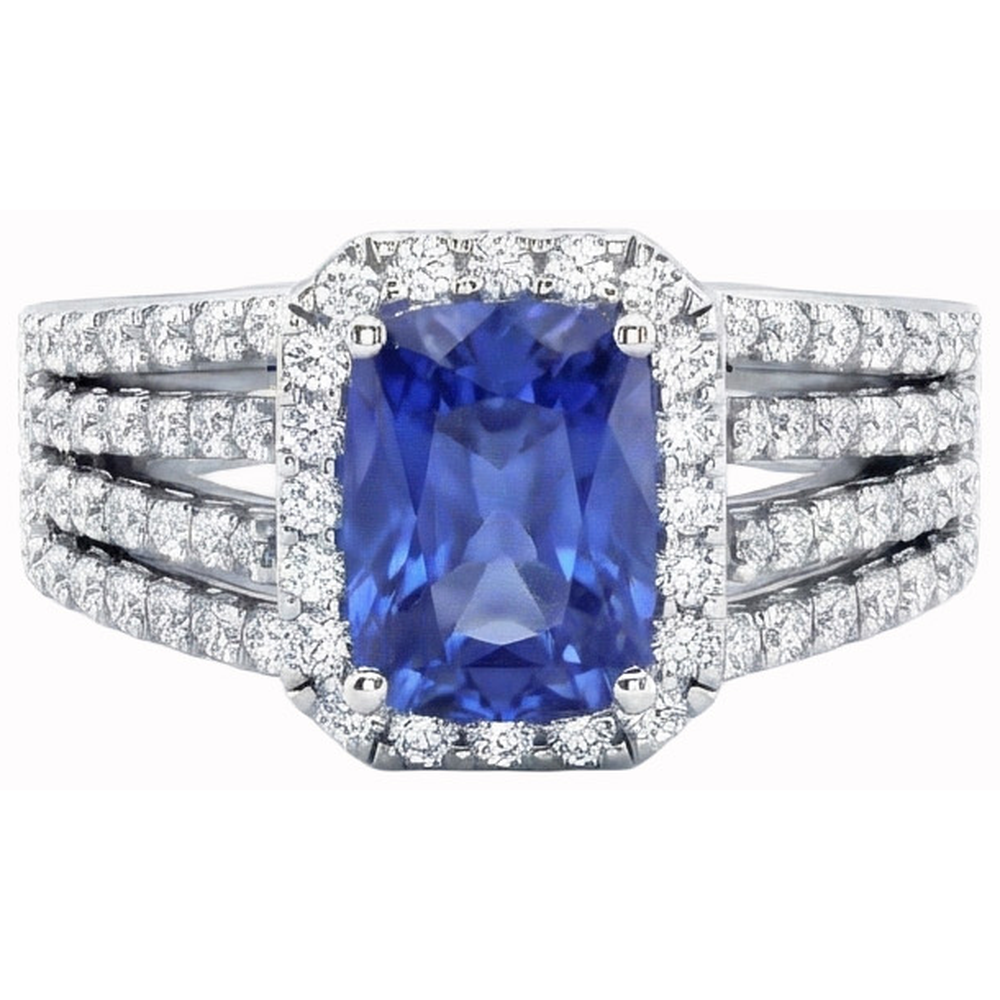5.50 Carats Cushion & Round Ceylon Sapphire with Natural Earth Mined Diamonds Ring WG 14K