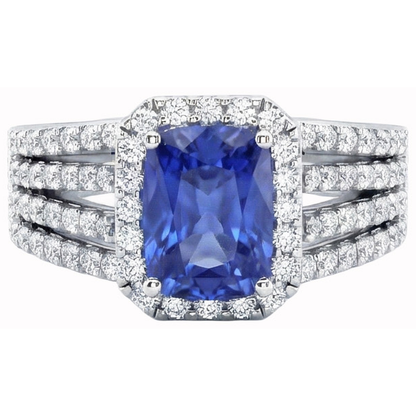 5.50 Carats Cushion & Round Ceylon Sapphire with Natural Earth Mined Diamonds Ring WG 14K