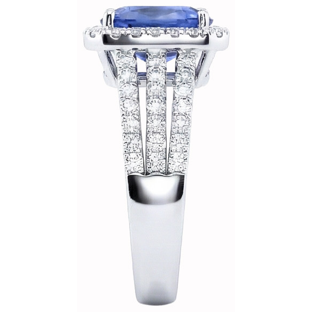 5.50 Carats Cushion & Round Ceylon Sapphire with Natural Earth Mined Diamonds Ring WG 14K