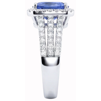 5.50 Carats Cushion & Round Ceylon Sapphire with Natural Earth Mined Diamonds Ring WG 14K