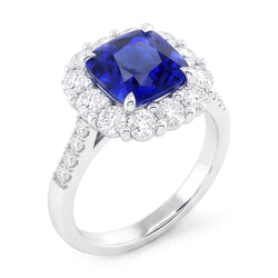 5.50 Carats Halo Cushion Deep Blue Sapphire Ring & Natural Earth Mined Diamond Jewelry