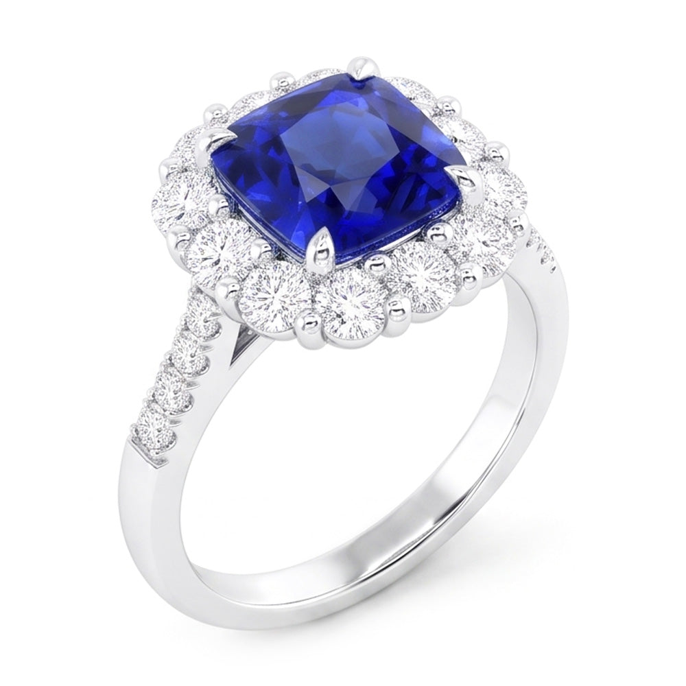 5.50 Carats Halo Cushion Deep Blue Sapphire Ring & Natural Earth Mined Diamond Jewelry
