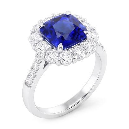 5.50 Carats Halo Cushion Deep Blue Sapphire Ring & Natural Earth Mined Diamond Jewelry