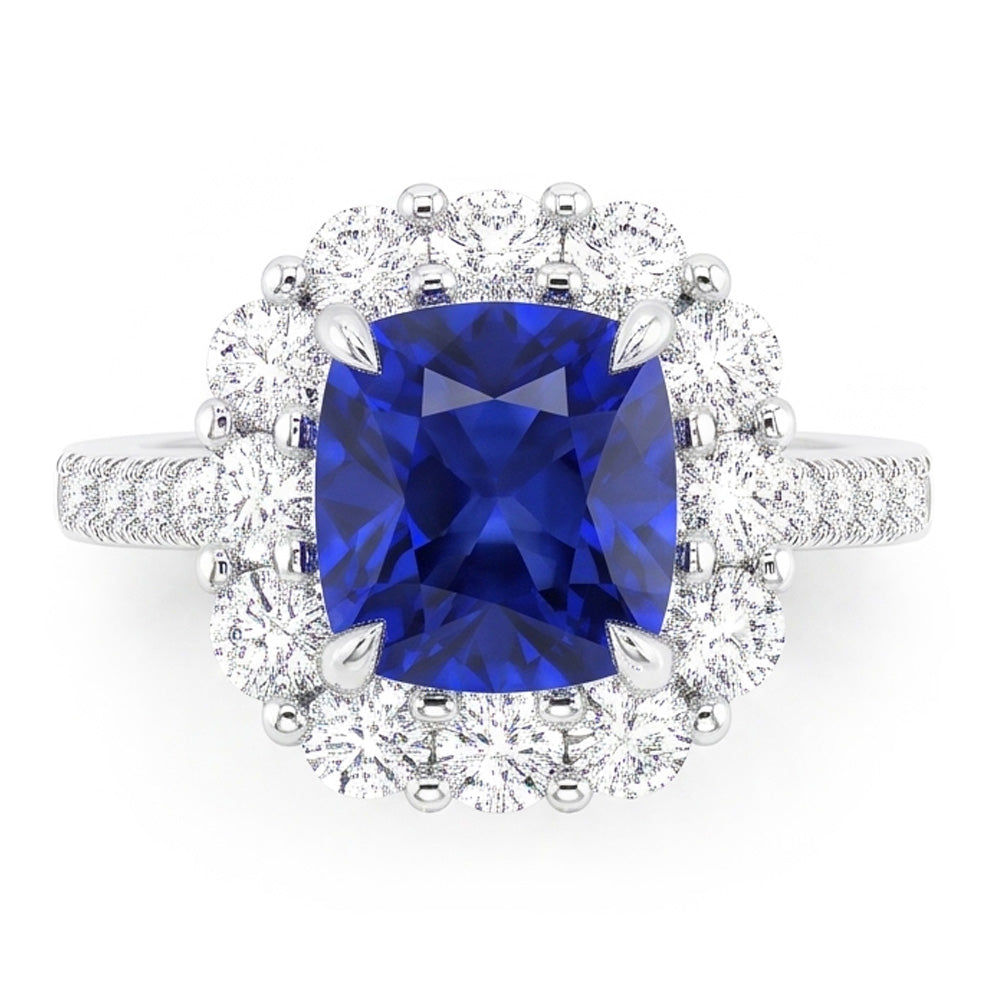 5.50 Carats Halo Cushion Deep Blue Sapphire Ring & Natural Earth Mined Diamond Jewelry