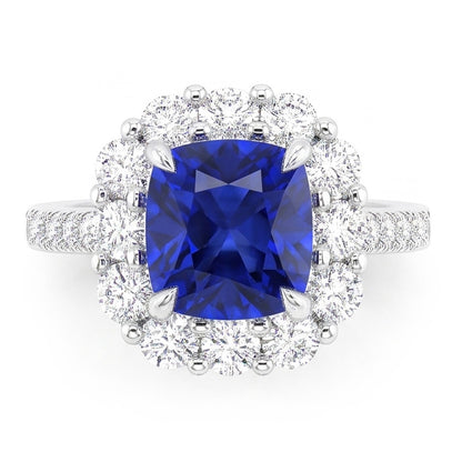 5.50 Carats Halo Cushion Deep Blue Sapphire Ring & Natural Earth Mined Diamond Jewelry