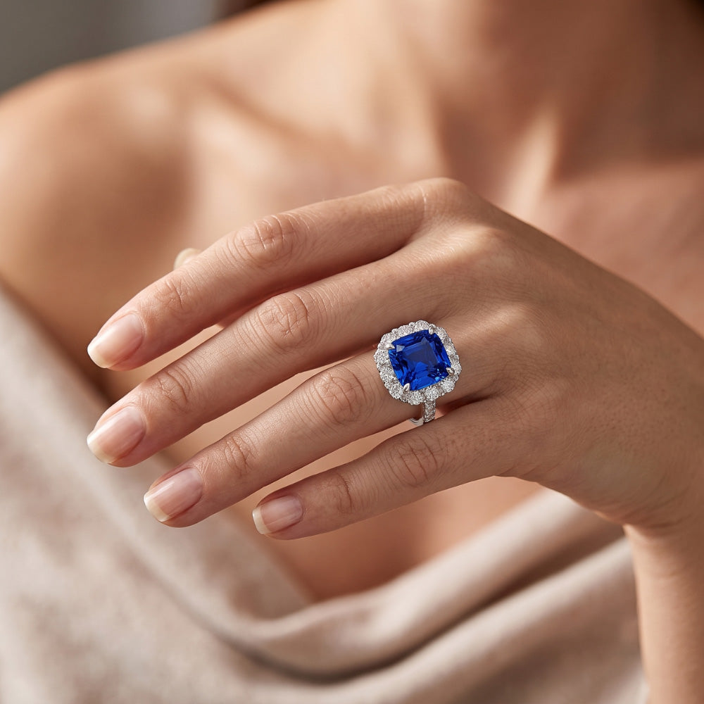 5.50 Carats Halo Cushion Deep Blue Sapphire Ring & Natural Earth Mined Diamond Jewelry
