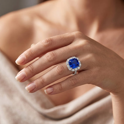 5.50 Carats Halo Cushion Deep Blue Sapphire Ring & Natural Earth Mined Diamond Jewelry