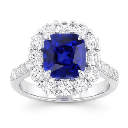 5.50 Carats Halo Cushion Deep Blue Sapphire Ring & Natural Earth Mined Diamond Jewelry
