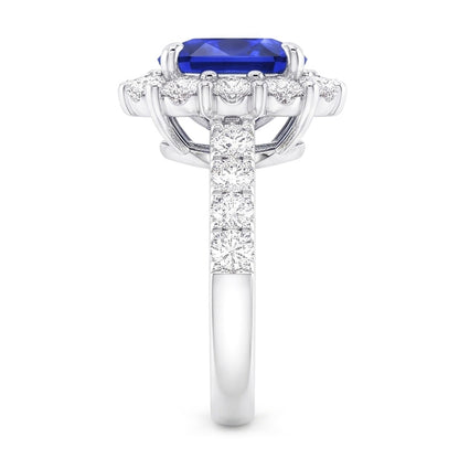 5.50 Carats Halo Cushion Deep Blue Sapphire Ring & Natural Earth Mined Diamond Jewelry