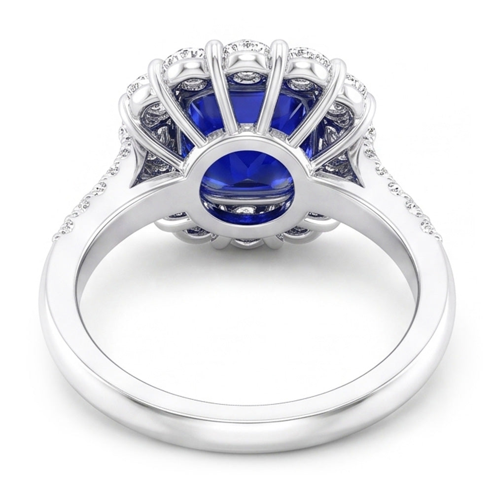 5.50 Carats Halo Cushion Deep Blue Sapphire Ring & Natural Earth Mined Diamond Jewelry