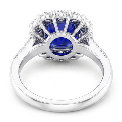 5.50 Carats Halo Cushion Deep Blue Sapphire Ring & Natural Earth Mined Diamond Jewelry