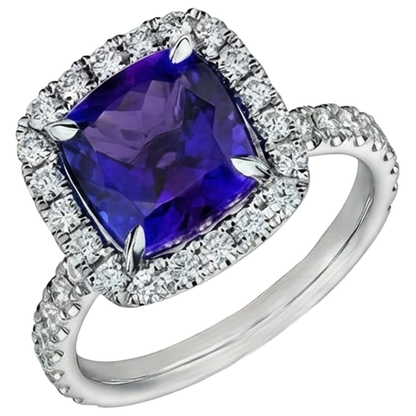 5.50 Ct Cushion Tanzanite With Round Natural Earth Mined Diamonds Ring Gold