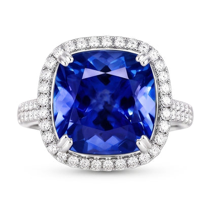 5.70 Ct Big Cushion Tanzanite & Round Natural Earth Mined Diamond Ring White Gold 14K