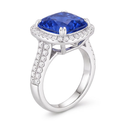 5.70 Ct Big Cushion Tanzanite & Round Natural Earth Mined Diamond Ring White Gold 14K