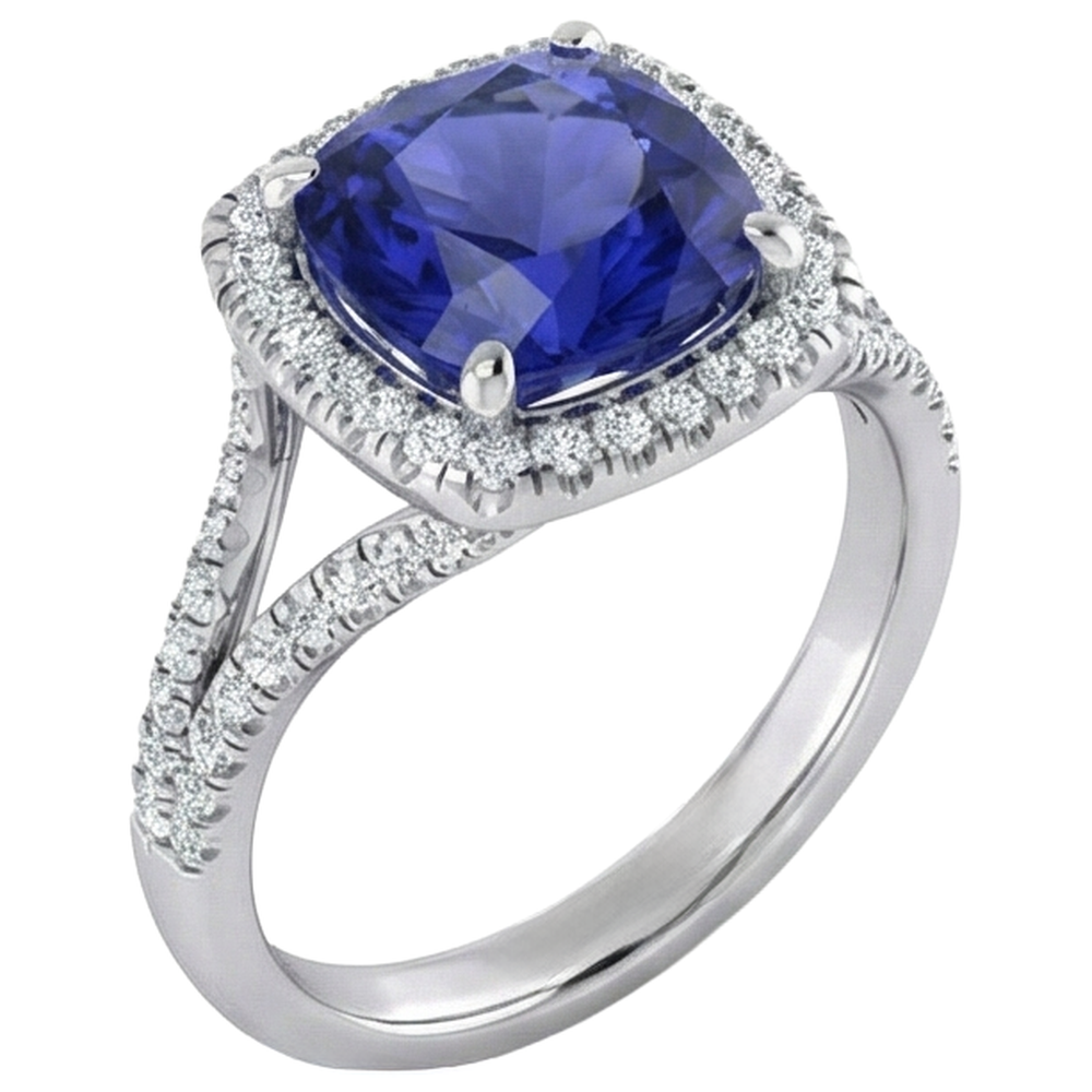 5.70 Ct Big Cushion Tanzanite & Round Natural Earth Mined Diamond Ring White Gold 14K