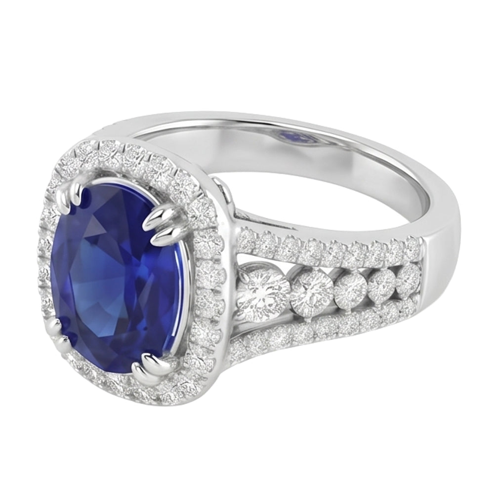 5.71 Ct. Oval Sri Lankan Sapphire & Round Natural Earth Mined Diamonds White Gold 14K Ring