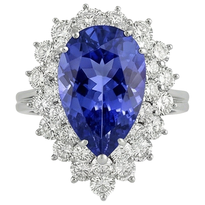 5.75 Ct Pear Tanzanite With Natural Earth Mined Diamonds Cluster Ring White Gold