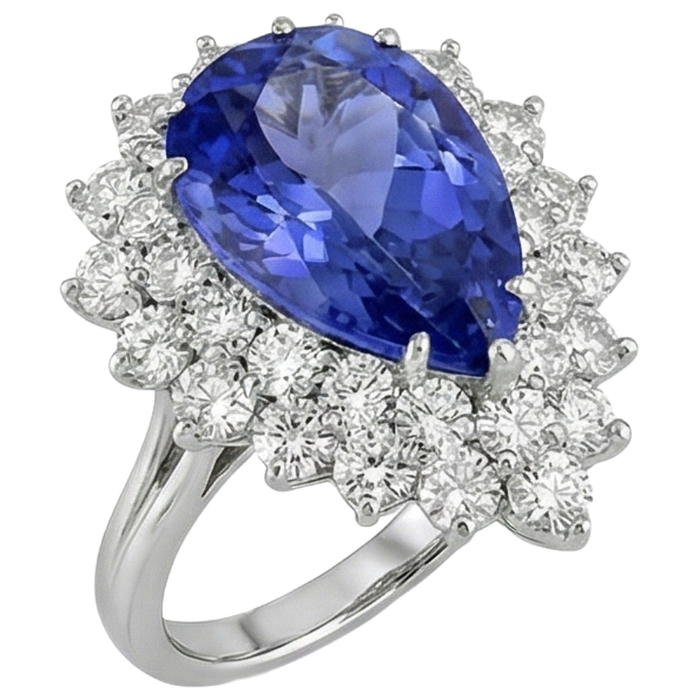 5.75 Ct Pear Tanzanite With Natural Earth Mined Diamonds Cluster Ring White Gold