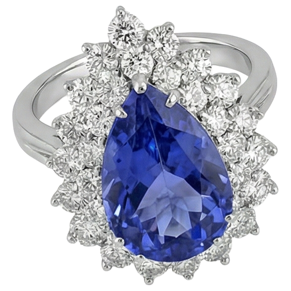 5.75 Ct Pear Tanzanite With Natural Earth Mined Diamonds Cluster Ring White Gold