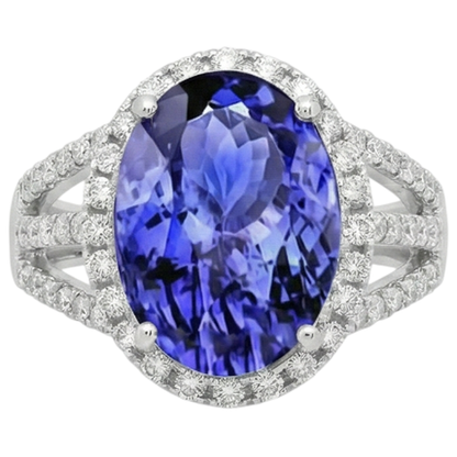 5.80 Carats Oval Tanzanite & Round Natural Earth Mined Diamond Fancy Ring White Gold 14K